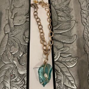 Gold Chain Necklace with Aqua Glass Pendant and Pearl Accent
